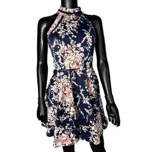 B. Darlin Navy Floral Fit & Flare Dress – Size 7/8 – High Neck Crochet Trim